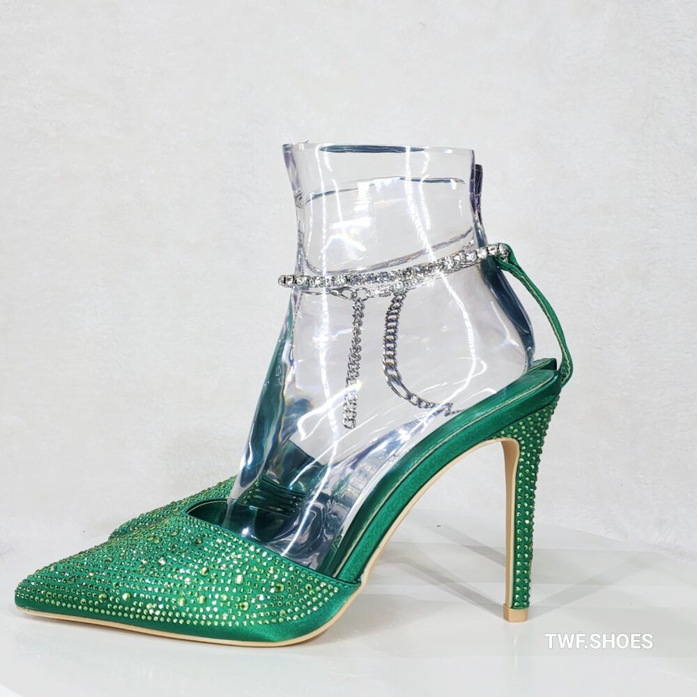 Simply Sexy Slip on Ankle Bracelet Green Rhinestone Pointy Toe High Heels - Picture 3 of 11